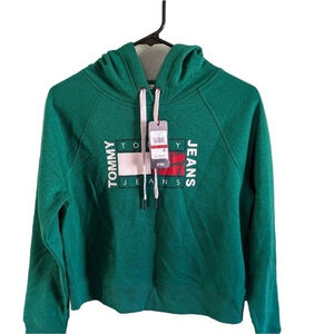 Tommy Jeans Green Cropped Logo Hoodie Sweatshirt Women's, small size